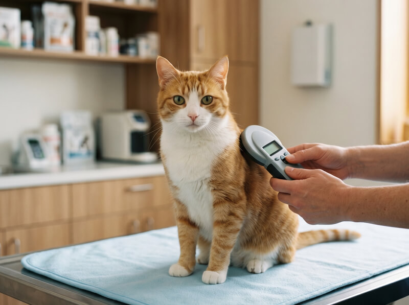 Veterinarian scanning a pet with a microchip scanner