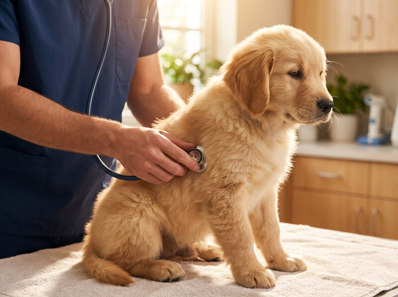 Veterinarian performing a pet wellness check exam